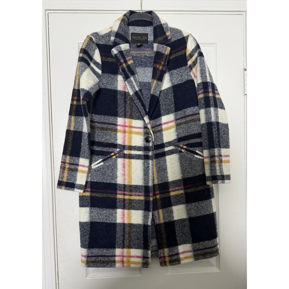 Rachel Zoe Wool Blend Plaid Coat XS Gray Navy Pink Long Topper Jacket‎ Pockets